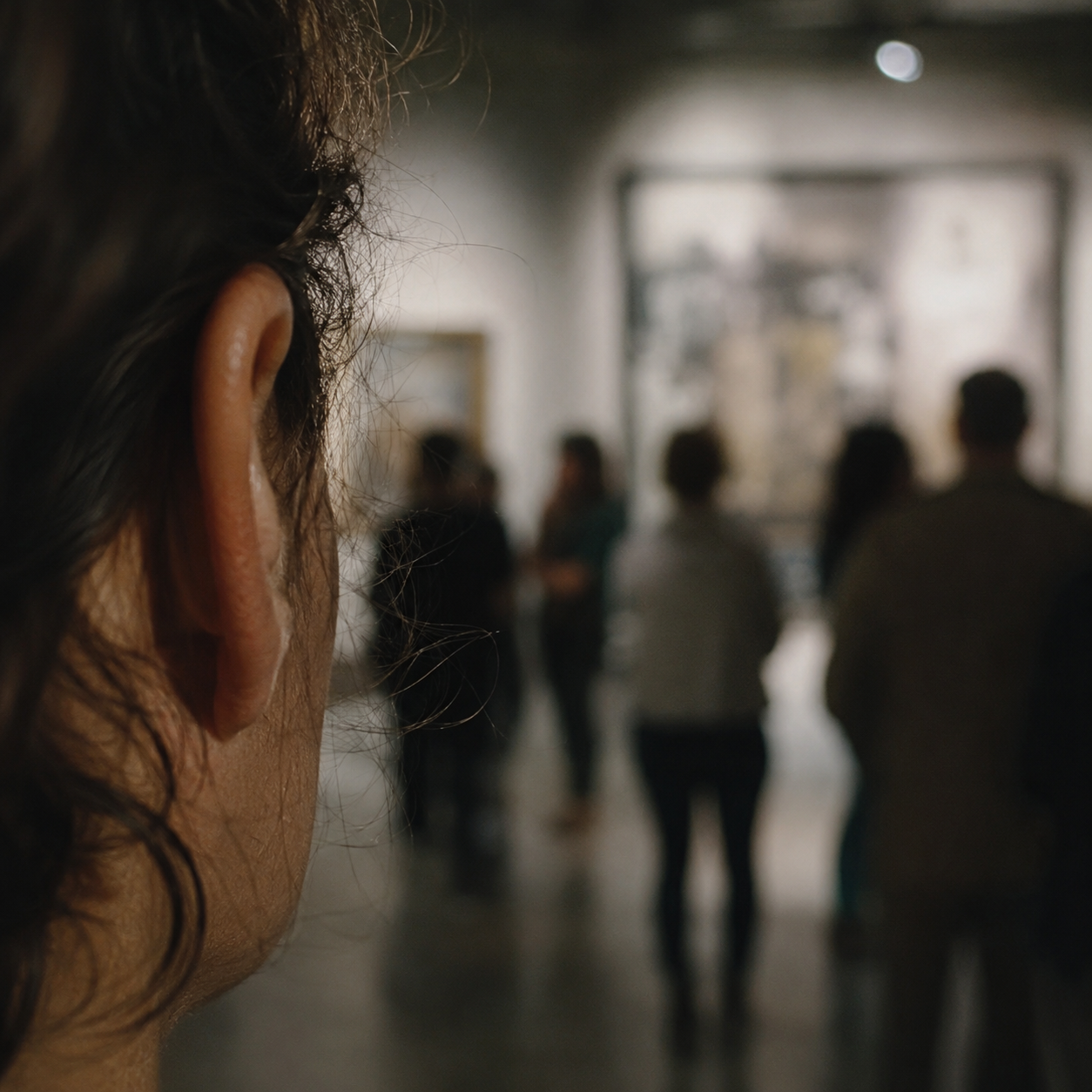 un artiste tend l'oreille en exposition : il essaie de savoir ce que disent les visiteurs face à son oeuvre