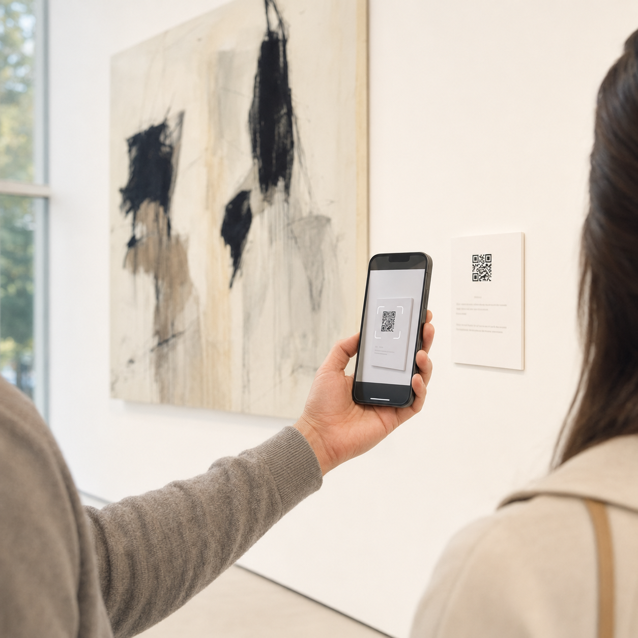 visiteur en train de scanner un QR code à proximité d'une oeuvre d'art