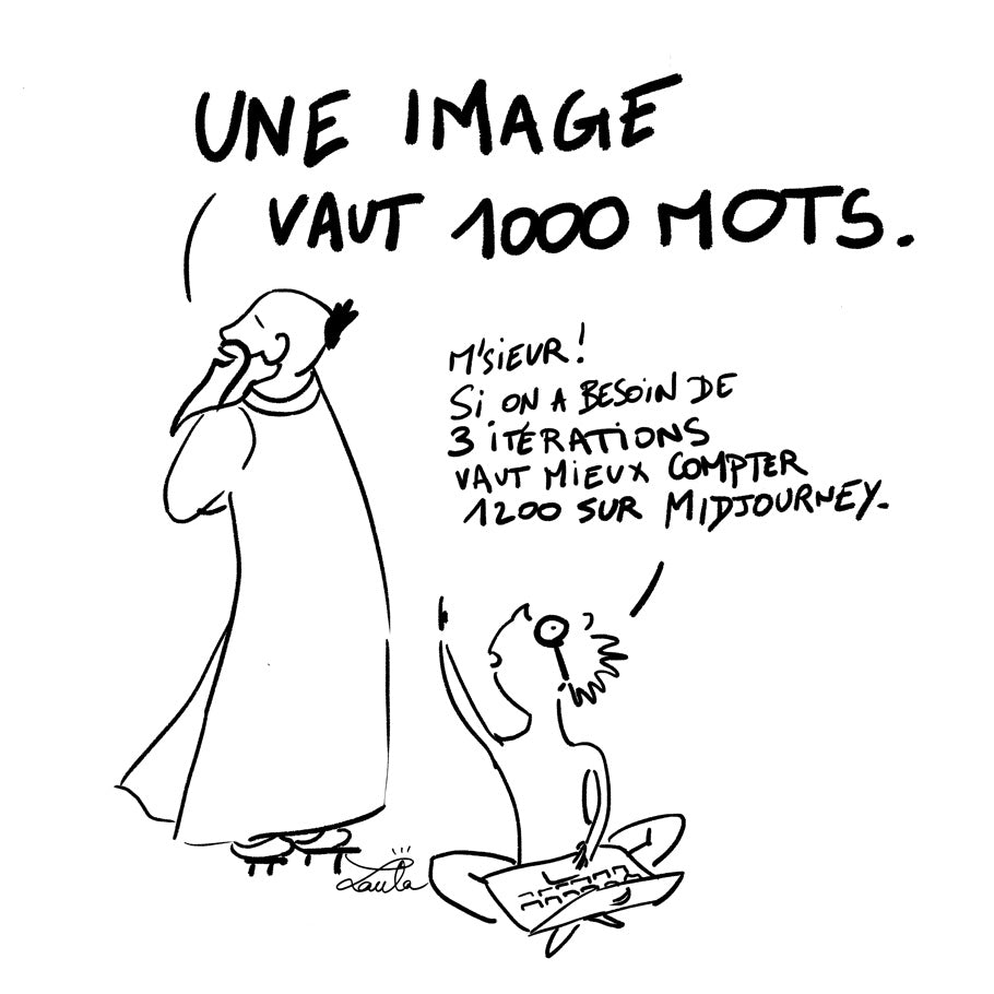 Confucius déclame : une image vaut 1000 mots. Un jeune geek avec des lunettes, assis en tailleur à ses pieds, avec son ordinateur lui répond en levant le doigt: M'sieur ! Si on a besoin de 3 itérations, vaut mieux compter 1200 sur Midjourney. Dessin original signé LauLa Artist