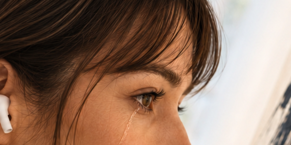 une femme a les larmes aux yeux en écoutant l'artiste répondre à la sensation que son oeuvre lui a évoquée.